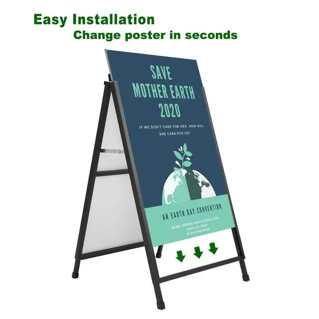 Alt view image 5 of 7 - Heavy Duty A-Frame Sidewalk Sign 24 x 36 Inch, Portable Double-Sided Sandwich Board Slide-in Folding Metal Signboard with 2 Plastic Poster Boards