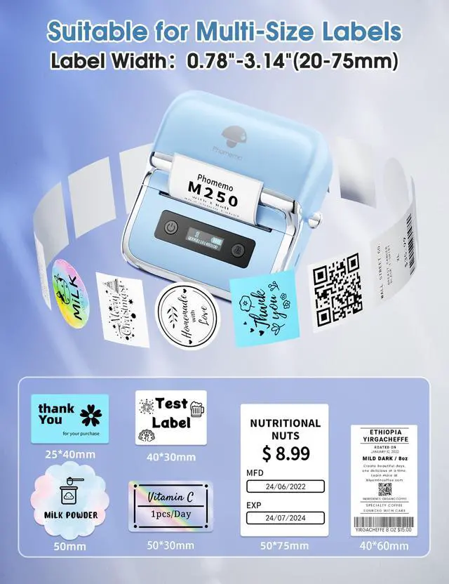 Alt view image 2 of 7 - M250 3" Label Maker, Thermal Barcode & Address Printer | Label Printer for School, Business, Home & Logos, Sticker Printer Compatible with Phones & PCs, with 100 Labels, 40x30mm
