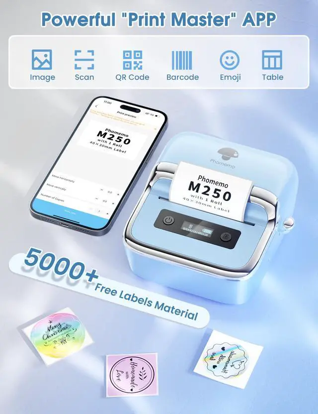 Alt view image 3 of 7 - M250 3" Label Maker, Thermal Barcode & Address Printer | Label Printer for School, Business, Home & Logos, Sticker Printer Compatible with Phones & PCs, with 100 Labels, 40x30mm
