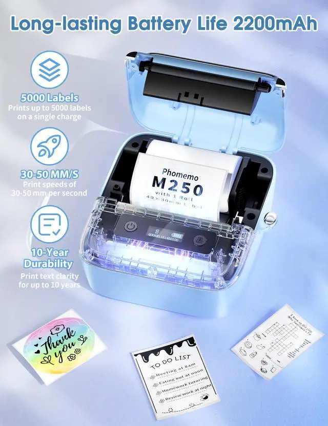 Alt view image 5 of 7 - M250 3" Label Maker, Thermal Barcode & Address Printer | Label Printer for School, Business, Home & Logos, Sticker Printer Compatible with Phones & PCs, with 100 Labels, 40x30mm