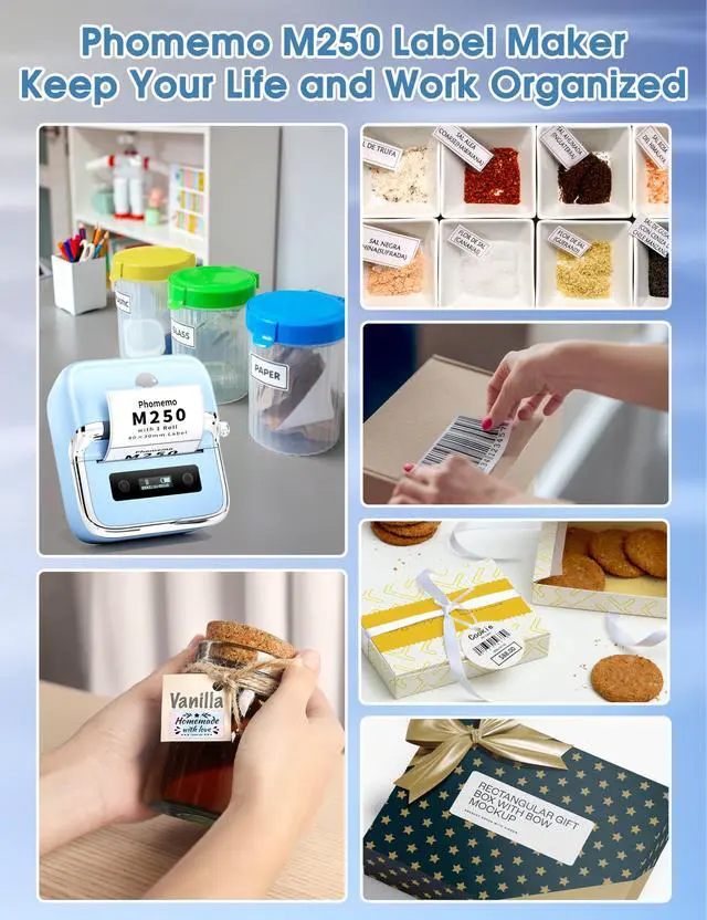 Alt view image 6 of 7 - M250 3" Label Maker, Thermal Barcode & Address Printer | Label Printer for School, Business, Home & Logos, Sticker Printer Compatible with Phones & PCs, with 100 Labels, 40x30mm