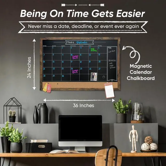 Alt view image 2 of 7 - Framed Magnetic Chalkboard Calendar - 36 x 24 in, Rustic Alloy Steel Frame - Kitchen Wall Decor & Menu Board for Kitchen - Magnet Display for Photos & Notes - Calendar Board for Wall