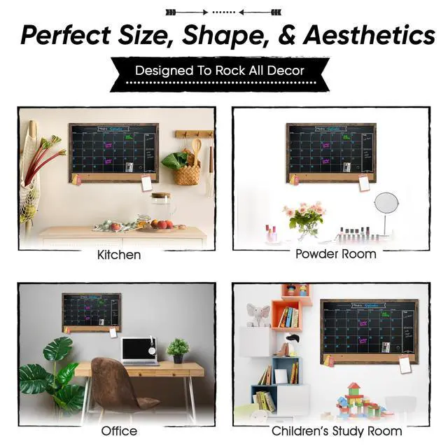 Alt view image 5 of 7 - Framed Magnetic Chalkboard Calendar - 36 x 24 in, Rustic Alloy Steel Frame - Kitchen Wall Decor & Menu Board for Kitchen - Magnet Display for Photos & Notes - Calendar Board for Wall