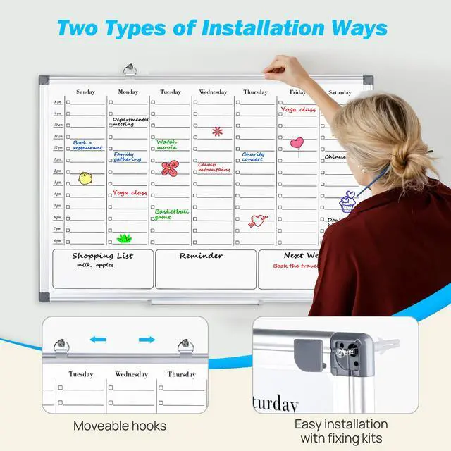 Alt view image 4 of 6 - Weekly Calendar Whiteboard, Dry Erase Board for Wall 36 x 24 | Hourly Schedule Planner with Time, Big Hanging White Board Double Sided, To Do List, Work, Home, Family, Office