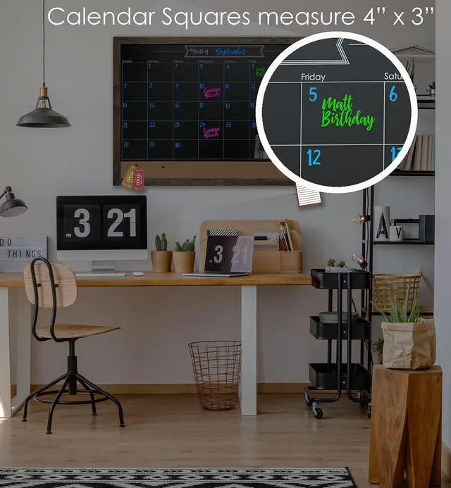 Alt view image 7 of 7 - Framed Magnetic Chalkboard Calendar - 36 x 24 in, Rustic Alloy Steel Frame - Kitchen Wall Decor & Menu Board for Kitchen - Magnet Display for Photos & Notes - Calendar Board for Wall