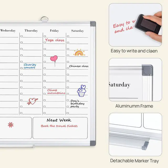 Alt view image 3 of 6 - Weekly Calendar Whiteboard, Dry Erase Board for Wall 36 x 24 | Hourly Schedule Planner with Time, Big Hanging White Board Double Sided, To Do List, Work, Home, Family, Office
