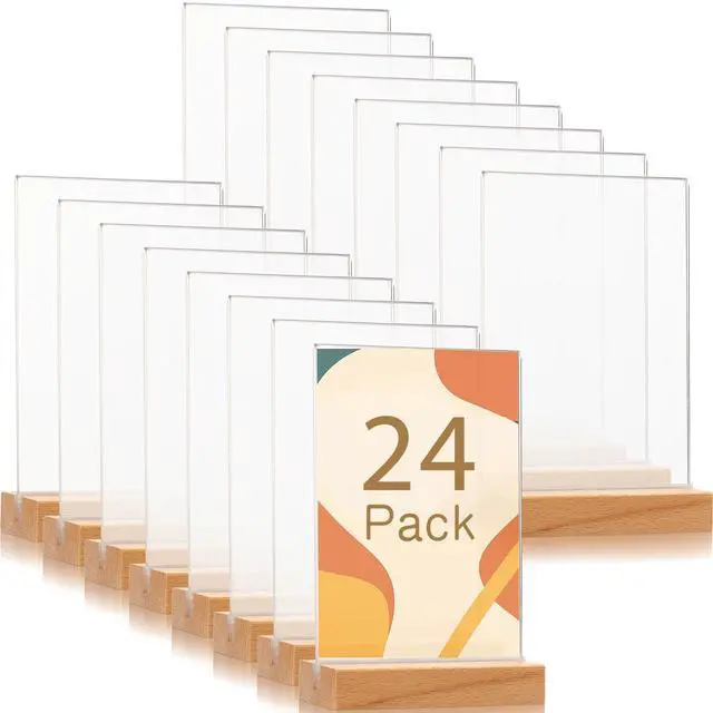 Main image of 24 Pack 5 x 7 Inch Clear Acrylic Sign with Wood Base T Shape Sign Holder Vertical Blank Stands Desktop Display Plastic Menu Frame Double Sided Stand for Wedding Restaurant Party Decor