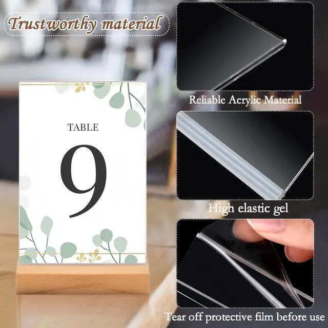 Alt view image 3 of 7 - 24 Pack 5 x 7 Inch Clear Acrylic Sign with Wood Base T Shape Sign Holder Vertical Blank Stands Desktop Display Plastic Menu Frame Double Sided Stand for Wedding Restaurant Party Decor