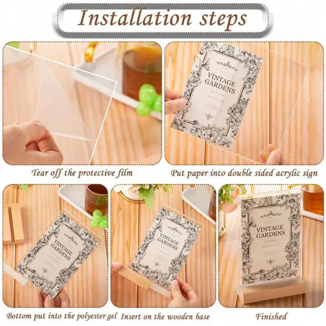 Alt view image 4 of 7 - 24 Pack 5 x 7 Inch Clear Acrylic Sign with Wood Base T Shape Sign Holder Vertical Blank Stands Desktop Display Plastic Menu Frame Double Sided Stand for Wedding Restaurant Party Decor