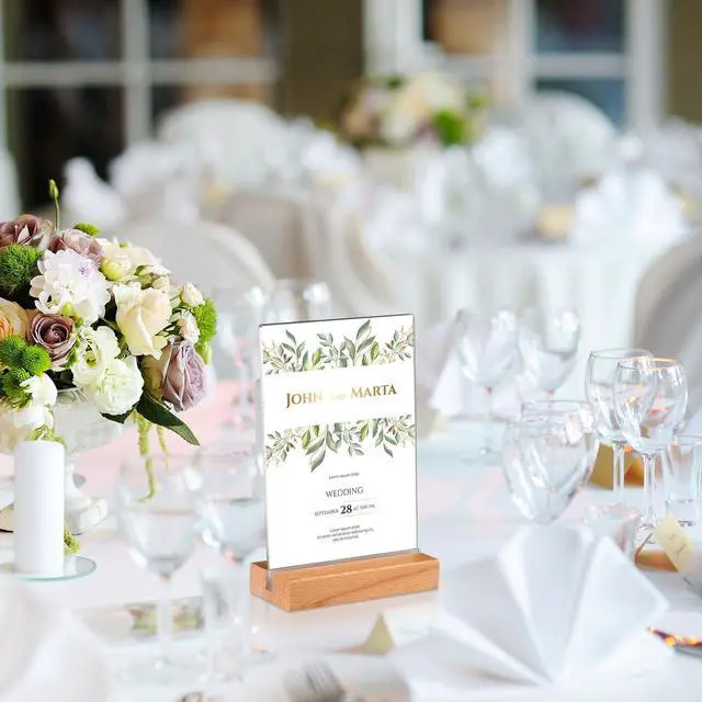 Alt view image 5 of 7 - 24 Pack 5 x 7 Inch Clear Acrylic Sign with Wood Base T Shape Sign Holder Vertical Blank Stands Desktop Display Plastic Menu Frame Double Sided Stand for Wedding Restaurant Party Decor