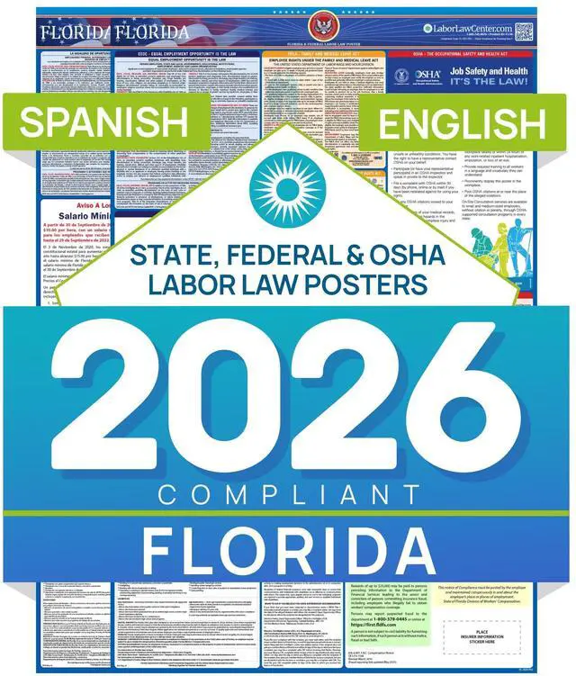 Main image of Labor Law Posters Florida 2026, English, Spanish, State Federal Notices | Florida State Federal Workplace Notices With OSHA, EEOC, FMLA, Minimum Wage, HR Office, Worksite, Employee Posting Details