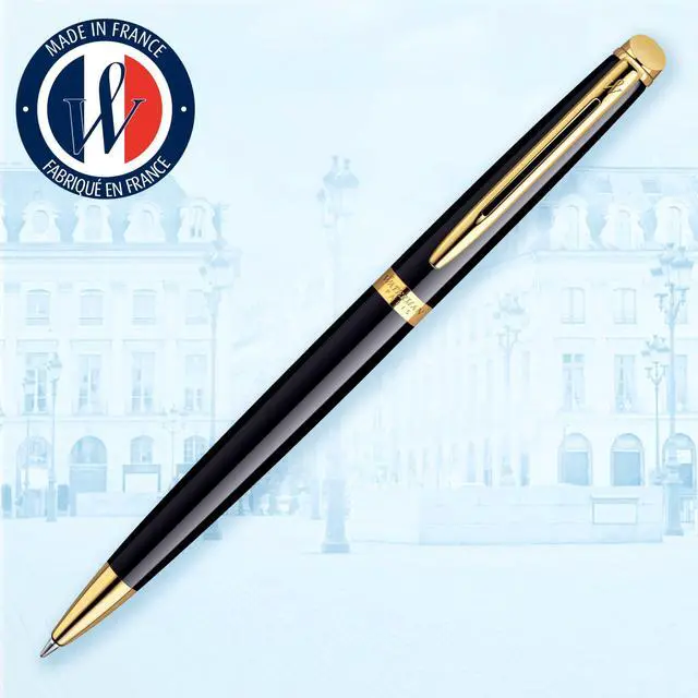 Alt view image 2 of 7 - Hémisphère Ballpoint Pen | Gloss Black with 23k Gold Trim | Medium Point | Blue Ink | Gift Box
