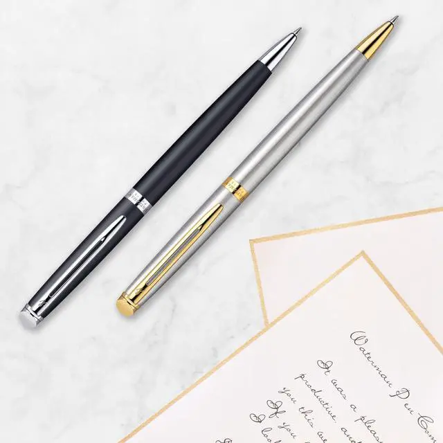 Alt view image 6 of 7 - Hémisphère Ballpoint Pen | Gloss Black with 23k Gold Trim | Medium Point | Blue Ink | Gift Box