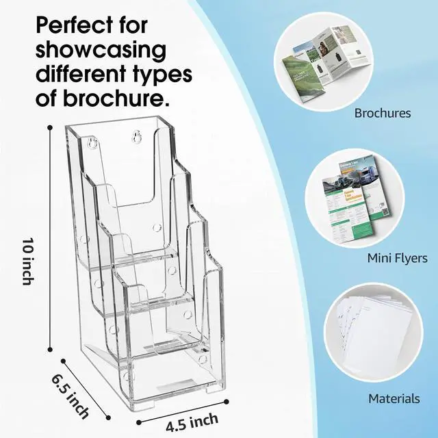 Alt view image 5 of 7 - 4 Tier Acrylic Brochure Display Holder, 4 Inch Wide, 6 Pack | Clear Acrylic Material, 4 Tier Display, Wall Mount or Countertop Use, Easy Brochure Access,Fits Trifold Brochures or Flyers