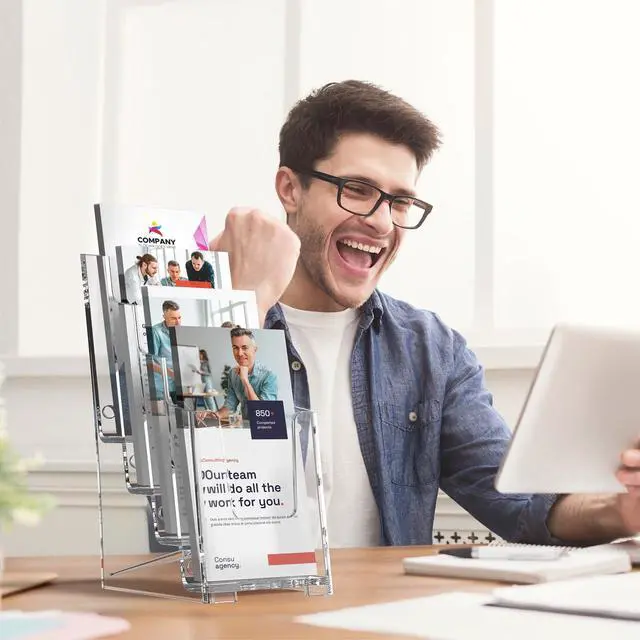 Alt view image 7 of 7 - 4 Tier Acrylic Brochure Display Holder, 4 Inch Wide, 6 Pack | Clear Acrylic Material, 4 Tier Display, Wall Mount or Countertop Use, Easy Brochure Access,Fits Trifold Brochures or Flyers