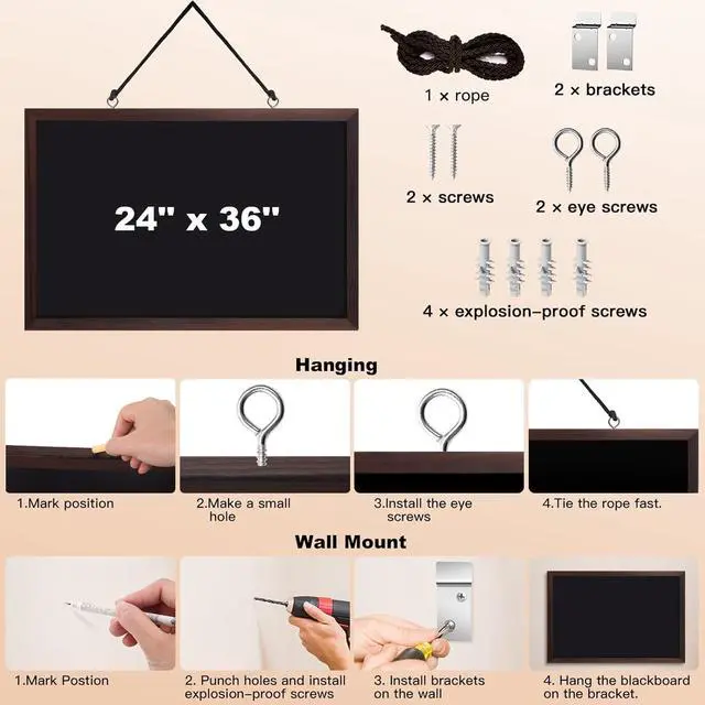 Alt view image 7 of 7 - Magnetic Chalkboard, 24 x 36 Inches Wooden-Framed Blackboard, Hanging Chalk Board for School Office Home and Restaurant Menu