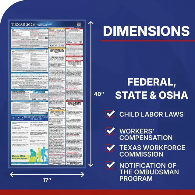 Alt view image 2 of 7 - 2026 Texas State & Federal Mandatory Labor Law Poster, OSHA Compliant (Combo)