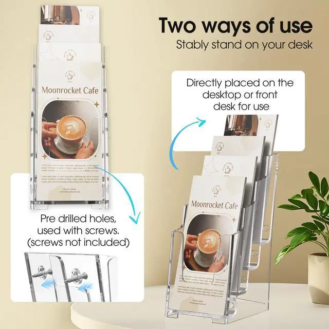 Alt view image 4 of 7 - 4 Tier Acrylic Brochure Display Holder, 4 Inch Wide, 6 Pack | Clear Acrylic Material, 4 Tier Display, Wall Mount or Countertop Use, Easy Brochure Access,Fits Trifold Brochures or Flyers
