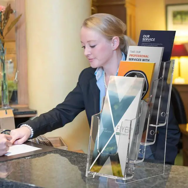 Alt view image 6 of 7 - 4 Tier Acrylic Brochure Display Holder, 4 Inch Wide, 6 Pack | Clear Acrylic Material, 4 Tier Display, Wall Mount or Countertop Use, Easy Brochure Access,Fits Trifold Brochures or Flyers