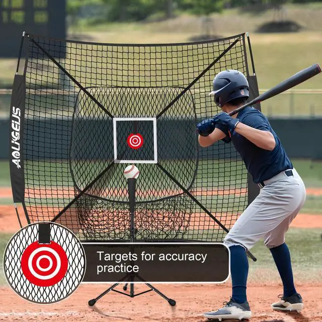 Alt view image 4 of 7 - 6'X6' Baseball Softball Practice Net with Batting Tee and Ball Caddy, Bonus Strike Zone Target and Bow Frame, for Hitting, Pitching, Catching