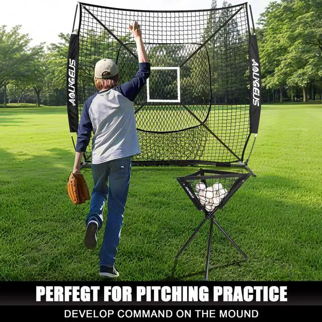 Alt view image 5 of 7 - 6'X6' Baseball Softball Practice Net with Batting Tee and Ball Caddy, Bonus Strike Zone Target and Bow Frame, for Hitting, Pitching, Catching