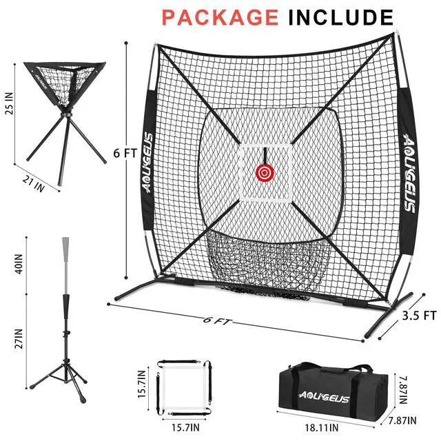 Alt view image 7 of 7 - 6'X6' Baseball Softball Practice Net with Batting Tee and Ball Caddy, Bonus Strike Zone Target and Bow Frame, for Hitting, Pitching, Catching