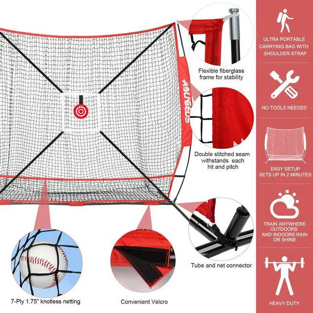 Alt view image 2 of 7 - 6'X6' Baseball Softball Practice Net with Batting Tee and Ball Caddy, Bonus Strike Zone Target and Bow Frame, for Hitting, Pitching, Catching