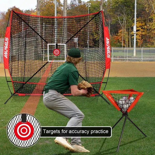 Alt view image 4 of 7 - 6'X6' Baseball Softball Practice Net with Batting Tee and Ball Caddy, Bonus Strike Zone Target and Bow Frame, for Hitting, Pitching, Catching