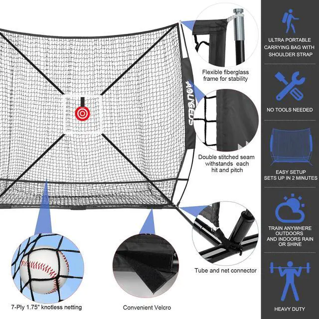 Alt view image 2 of 7 - 6'X6' Baseball Softball Practice Net with Batting Tee and Ball Caddy, Bonus Strike Zone Target and Bow Frame, for Hitting, Pitching, Catching