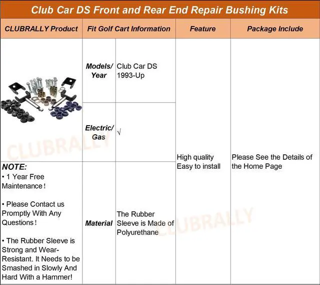 Alt view image 7 of 7 - Club Car DS Deluxe Golf Cart Front and Rear End Repair Bushing Kits, Club Car Front End Rebuild Kit for Club Car DS 1993-Up