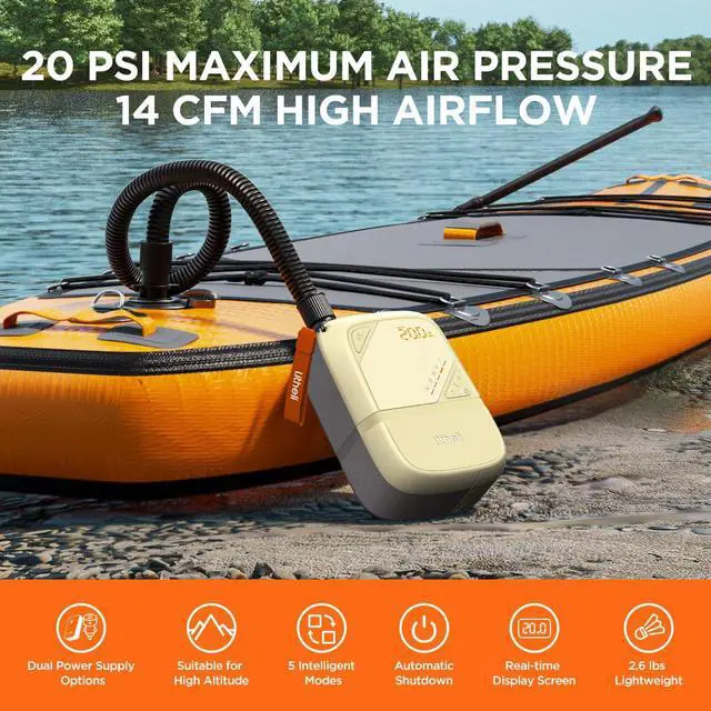 Alt view image 2 of 7 - 20PSI Electric SUP Pump, Rechargeable Battery & 12V Car Powered, Dual Stage Inflation Deflation Auto-Off, Portable Air Pump for Paddle Board Kayak Tent Inflatable Bed