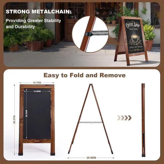 Alt view image 2 of 7 - Large Sandwich A-Frame Chalkboard Signs, 40" x 20" Magnetic Board | Brown Wooden Chalk Board, Double-Sided Outdoor Chalkboard for Sidewalk Cafe Shop Wedding Party or Business
