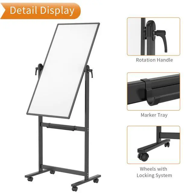 Alt view image 6 of 6 - Double-Sided Magnetic Mobile Dry Erase Whiteboard, 48" x 24", Black | Rolling Standing White Board on Wheels with Aluminium Frame for School Office Home