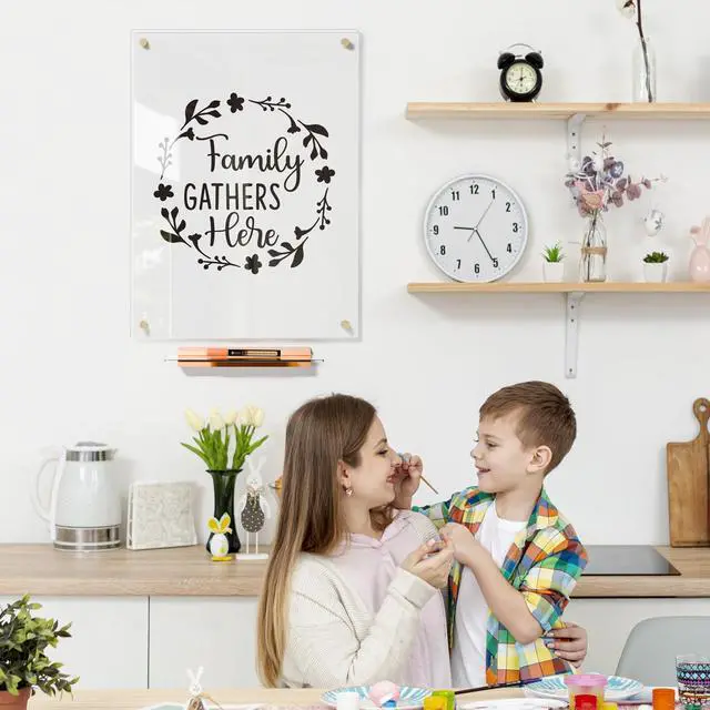 Alt view image 5 of 7 - Glass Dry Erase Whiteboard - 17x23 Ultra Clear Glass White Board for Wall with Wooden Based Floating Marker Tray, Non-Magnetic Writing for Kitchen, Home and Office