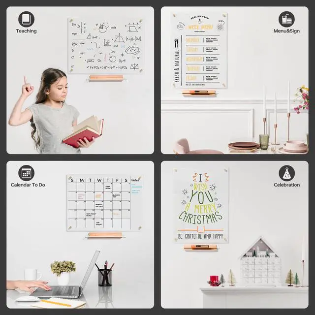 Alt view image 4 of 7 - Glass Dry Erase Whiteboard - 17x23 Ultra Clear Glass White Board for Wall with Wooden Based Floating Marker Tray, Non-Magnetic Writing for Kitchen, Home and Office