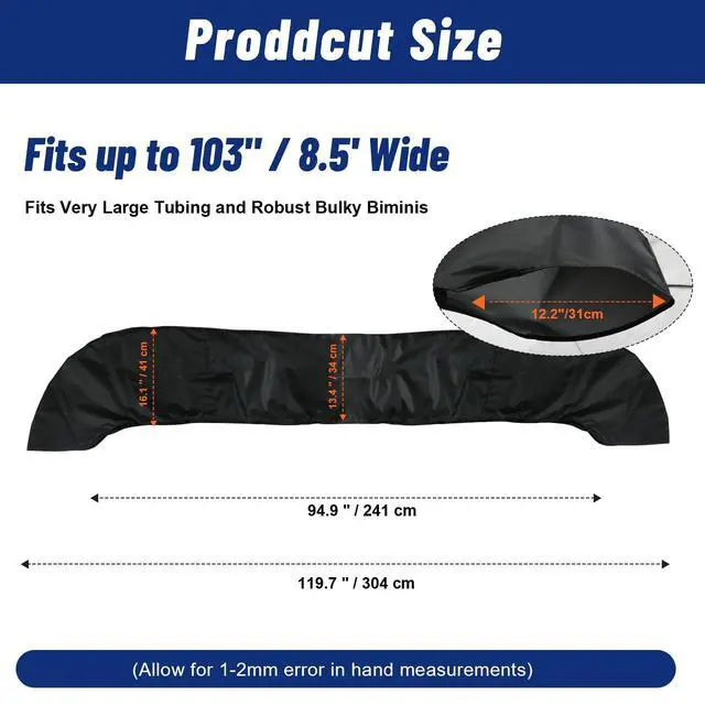 Alt view image 3 of 7 - Oversize Bimini Top Storage Boot Cover, Fits up to 103" / 8.5' Wide, Heavy Duty Canvas Pontoon Boat Bimini Boot Cover Replacement for Extra-Large Tubing and Bulky Bimini, Sturdy & Weatherproof, Black