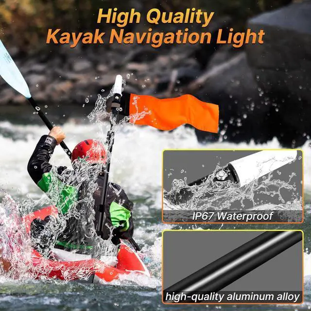 Alt view image 2 of 7 - 360 Degree Kayak Navigation Lights with Retractable Pole and Orange Visibility Flag, Waterproof LED Kayak Light for Night Kayaking Fishing Paddling, Kayak Accessories
