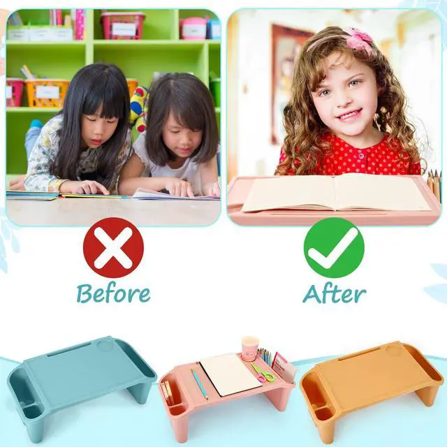 Alt view image 3 of 6 - 8 Pcs Kids Lap Desk Tray Bulk 19.7x9.6x7.1in Portable Lap Tray for Kids Plastic Table with Side Storage Space for Bed Classroom Laptop Children Car Activity Eating Floor (Morandi Colors)