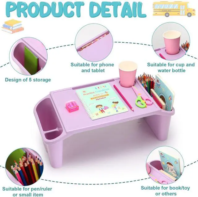 Alt view image 3 of 7 - 8 Pcs Kids Lap Desk Tray Bulk 19.7x9.6x7.1in Portable Lap Tray for Kids Plastic Table with Side Storage Space for Bed Classroom Laptop Children Car Activity Eating Floor (Cute Colors)