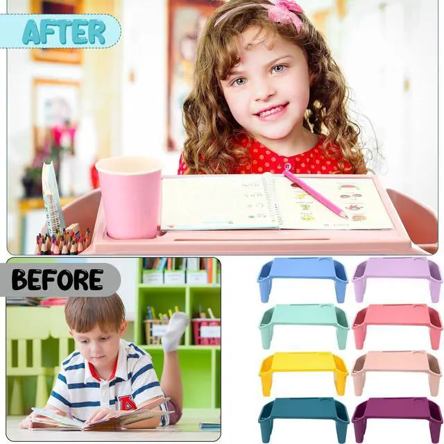 Alt view image 4 of 7 - 8 Pcs Kids Lap Desk Tray Bulk 19.7x9.6x7.1in Portable Lap Tray for Kids Plastic Table with Side Storage Space for Bed Classroom Laptop Children Car Activity Eating Floor (Cute Colors)