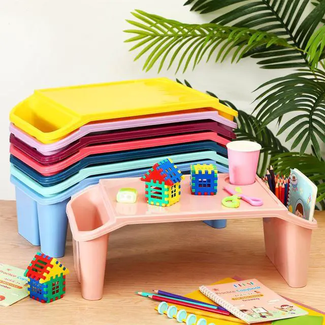 Alt view image 7 of 7 - 8 Pcs Kids Lap Desk Tray Bulk 19.7x9.6x7.1in Portable Lap Tray for Kids Plastic Table with Side Storage Space for Bed Classroom Laptop Children Car Activity Eating Floor (Cute Colors)