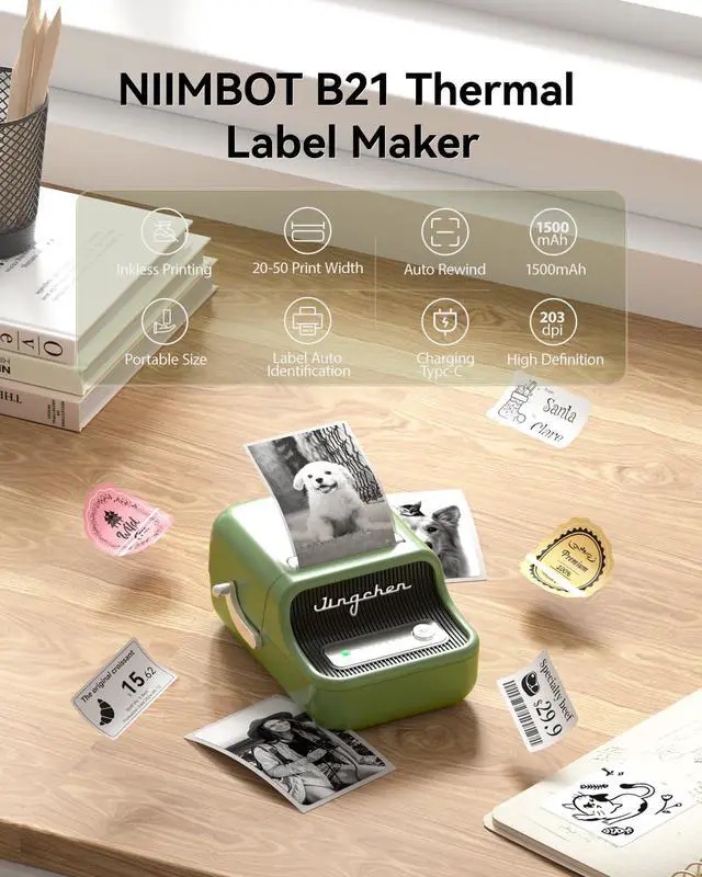 Alt view image 2 of 7 - B21 Label Maker, 2 Inch Bluetooth Sticker Printer with Tape, Green | Compatible with Android, iOS & PC, Thermal Printing, Labeling for Home Storage Office Craft and Small Business