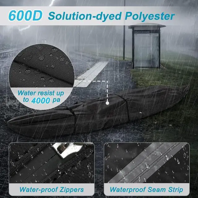 Alt view image 3 of 6 - Fade and Tear Resistant Trailerable Cover with Waterproof Zipper, 600D Marine Grade Heavy-Duty Waterproof Canoe Cover Fit for 12ft Kayak, Indoor/Outdoor Storage, Black