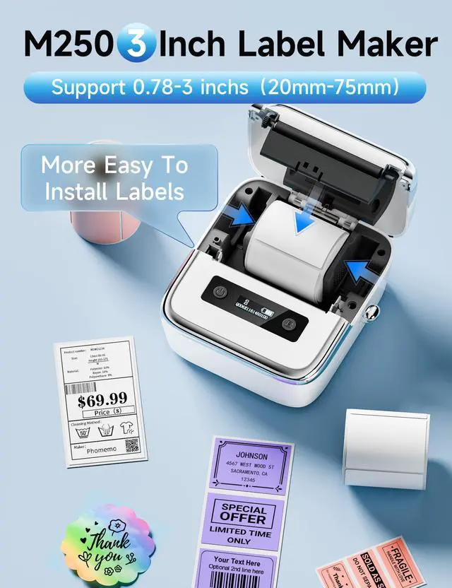 Alt view image 3 of 7 - M250 3 Inch Label Maker Machine with Tape | Label Printer for Address, Barcode Printer for Business, Home, Logo Label, Sticker Printer for Phones & PC, with 1 Roll Label