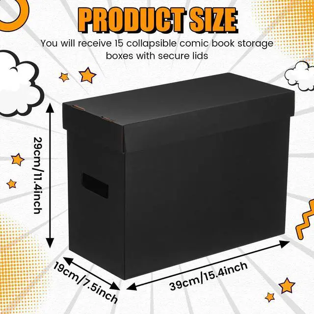 Alt view image 2 of 6 - 15 Pack Comic Book Storage Boxes, Holds 150-175 Comics, 15.4 x 7.5 x 11.4 Inch Stackable Comic Short Bin Organizer Cardboard Box for Collapsible Magazine Book Collecting Supplies(Black)