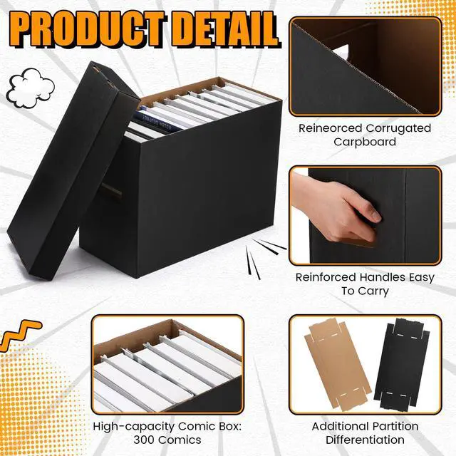 Alt view image 3 of 6 - 15 Pack Comic Book Storage Boxes, Holds 150-175 Comics, 15.4 x 7.5 x 11.4 Inch Stackable Comic Short Bin Organizer Cardboard Box for Collapsible Magazine Book Collecting Supplies(Black)