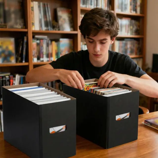 Alt view image 5 of 6 - 15 Pack Comic Book Storage Boxes, Holds 150-175 Comics, 15.4 x 7.5 x 11.4 Inch Stackable Comic Short Bin Organizer Cardboard Box for Collapsible Magazine Book Collecting Supplies(Black)