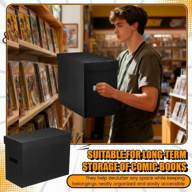 Alt view image 6 of 6 - 15 Pack Comic Book Storage Boxes, Holds 150-175 Comics, 15.4 x 7.5 x 11.4 Inch Stackable Comic Short Bin Organizer Cardboard Box for Collapsible Magazine Book Collecting Supplies(Black)