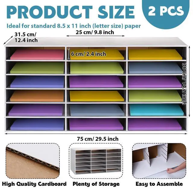 Alt view image 3 of 6 - 2 Pcs Construction Paper Storage, Classroom Mailboxe, Back to School Literature Sorter, Sturdy Cardboard Paper Organizer for Teacher, Student, Office(18 Slots,White)
