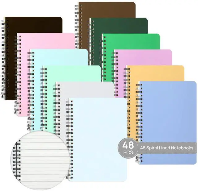 Main image of 48 Pack A5 Spiral Lined Notebooks, 8.1" X 5.5", 60 Sheets/120 Pages Wide Ruled Notebook Spiral Journals Bulk Paper Cover Notepad 12 Colors for Students Taking Class Notes Home Office Gift